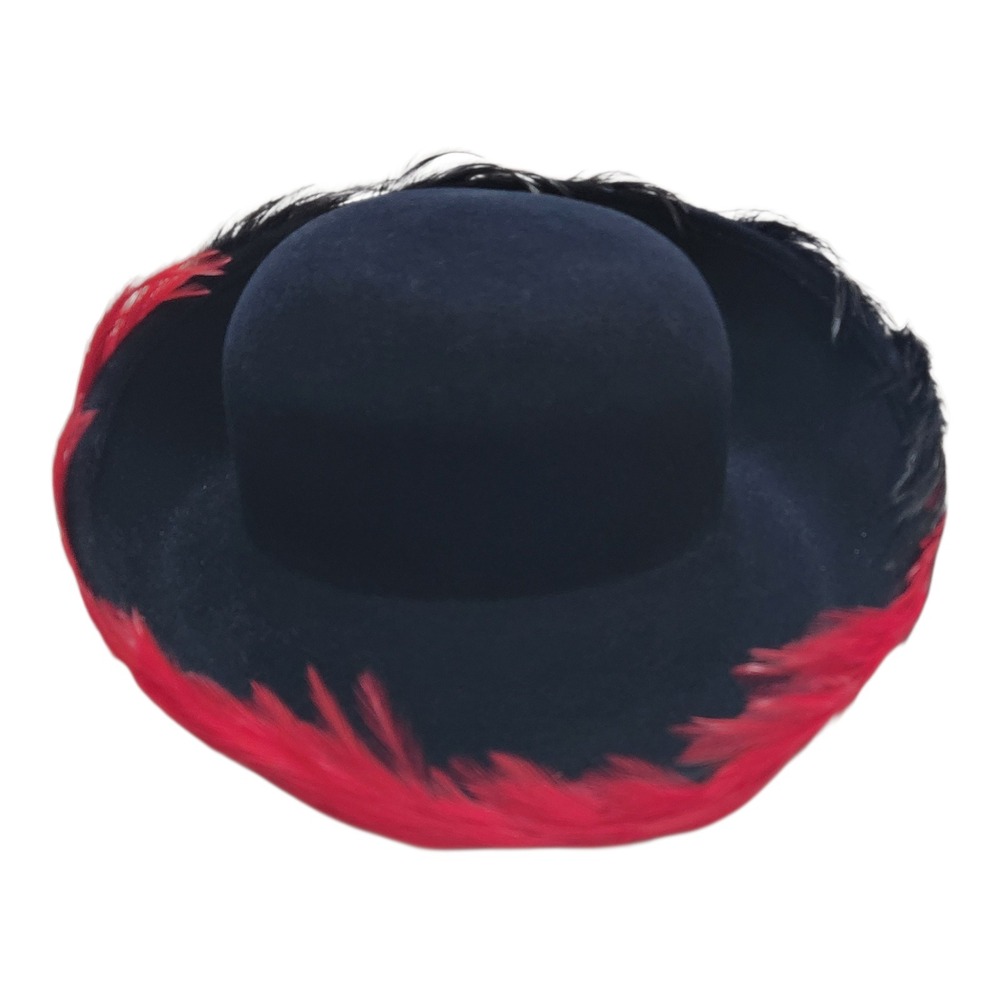 Mr John Classic Vintage 100% Wool Wide Brim Hat Navy Blue Red Black Feathers USA